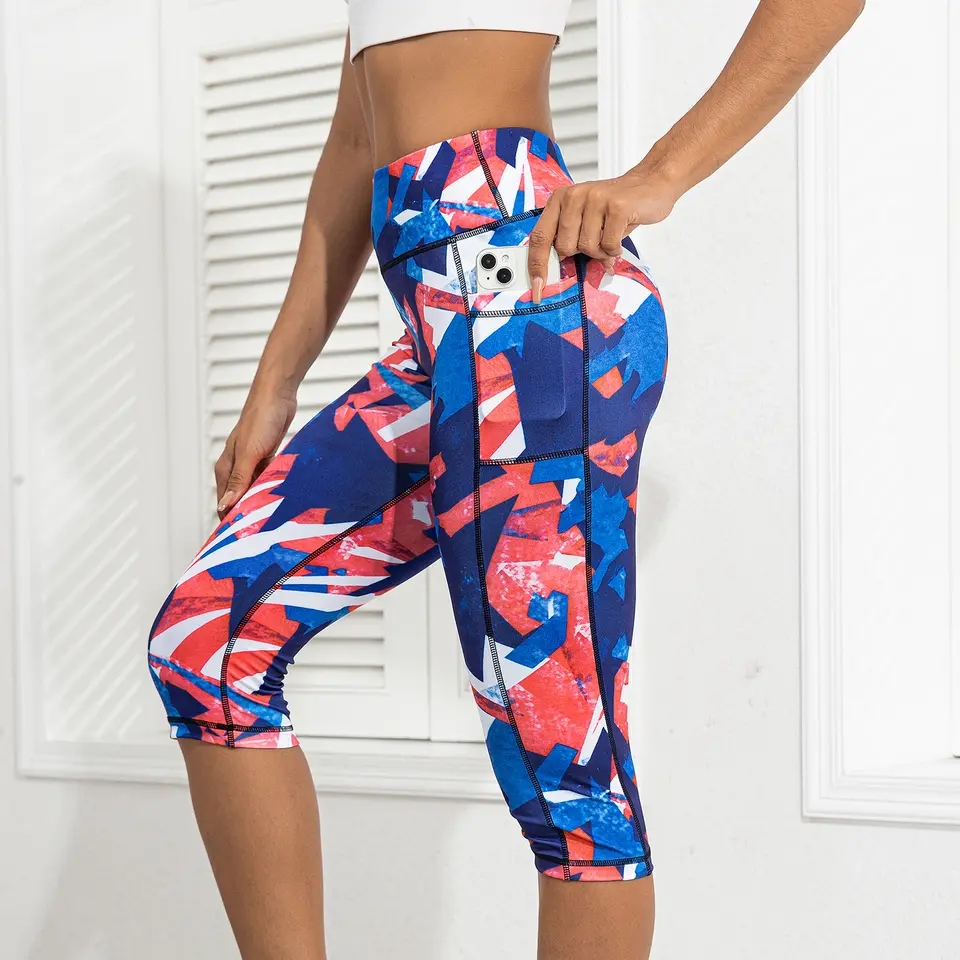 Custom Fashion Personality Printed Pocket Seamless Cropped Yoga Pants Women High Waist Hip Lift Elastic Sports Leggings Women