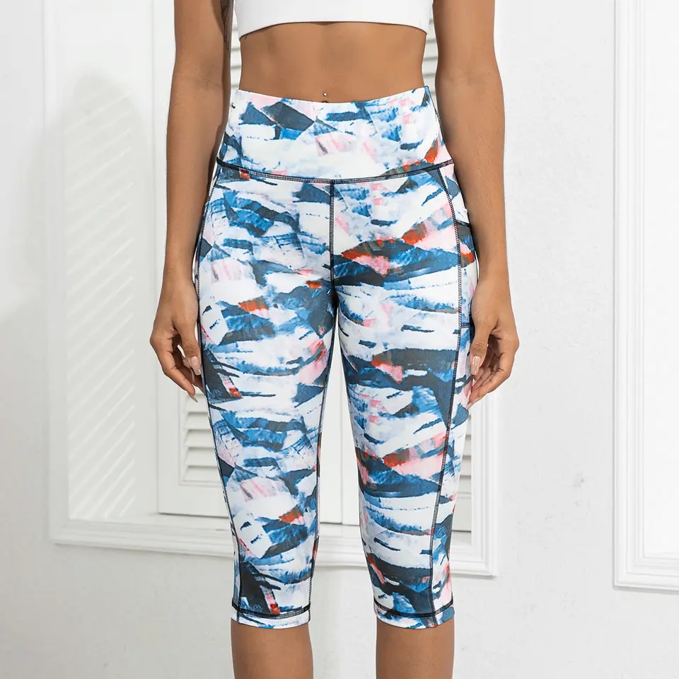 Custom Fashion Personality Printed Pocket Seamless Cropped Yoga Pants Women High Waist Hip Lift Elastic Sports Leggings Women
